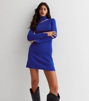 New Look Bright Blue High Neck Asymmetric Cut Out Long Sleeve Mini Dress